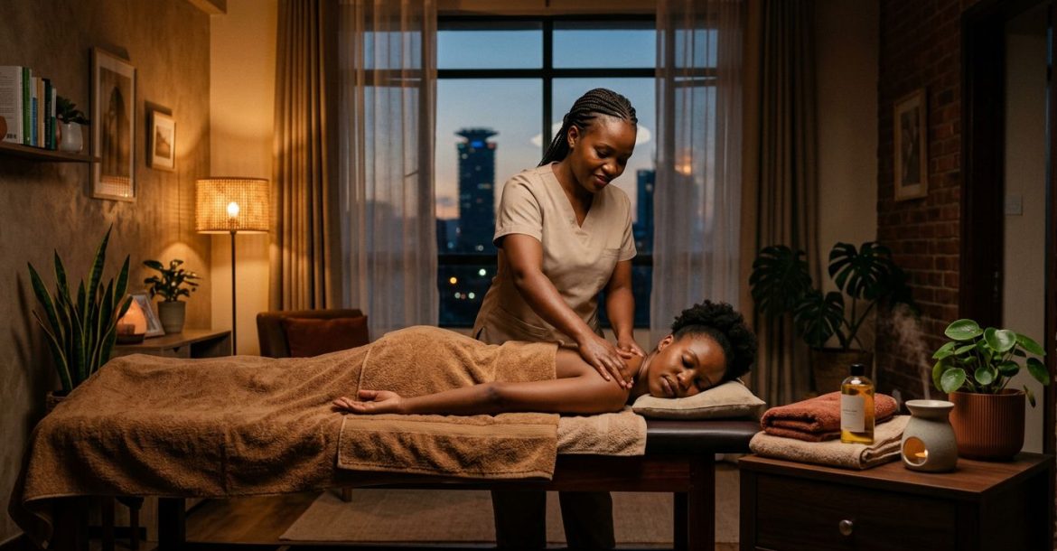 A therapist massages a client on a towel-covered table beside oils and folded towels.