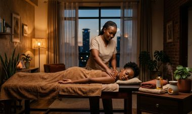 A therapist massages a client on a towel-covered table beside oils and folded towels.