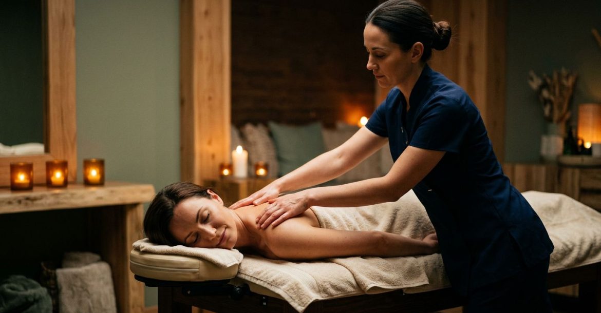 A woman relaxes under a cream towel while a therapist massages her shoulders.