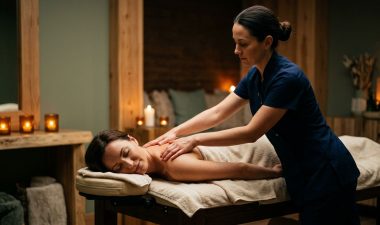 A woman relaxes under a cream towel while a therapist massages her shoulders.