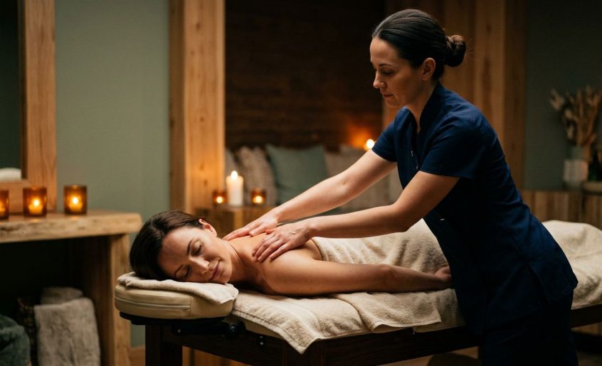 A woman relaxes under a cream towel while a therapist massages her shoulders.