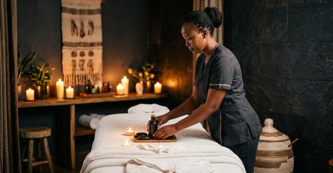 Therapist preparing a massage table with towels, oils, and stones in a softly lit Nairobi spa.