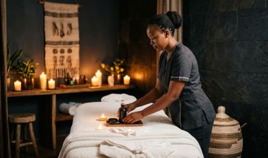 Therapist preparing a massage table with towels, oils, and stones in a softly lit Nairobi spa.