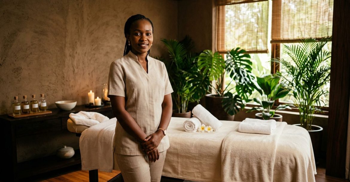 Therapist standing beside a massage table with towels, oils, and greenery.