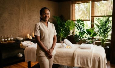 Therapist standing beside a massage table with towels, oils, and greenery.