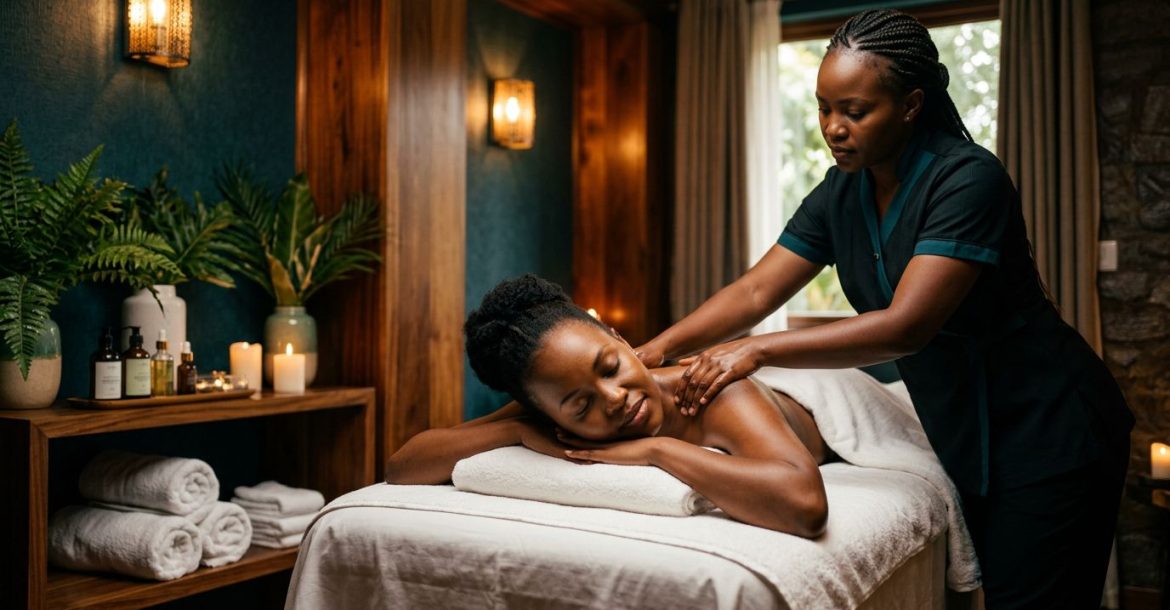 Woman receiving a shoulder massage in a softly lit Nairobi spa room.