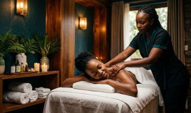 Woman receiving a shoulder massage in a softly lit Nairobi spa room.