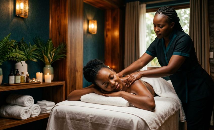Woman receiving a shoulder massage in a softly lit Nairobi spa room.