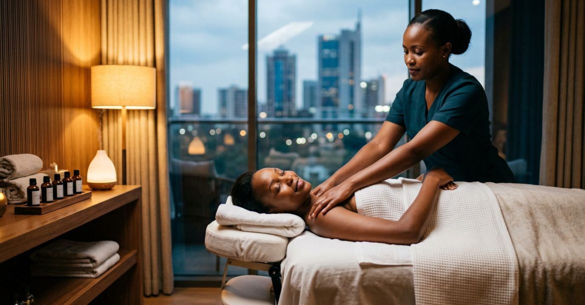 A therapist massages a woman’s shoulders in a clean Nairobi spa.