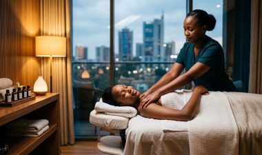 A therapist massages a woman’s shoulders in a clean Nairobi spa.