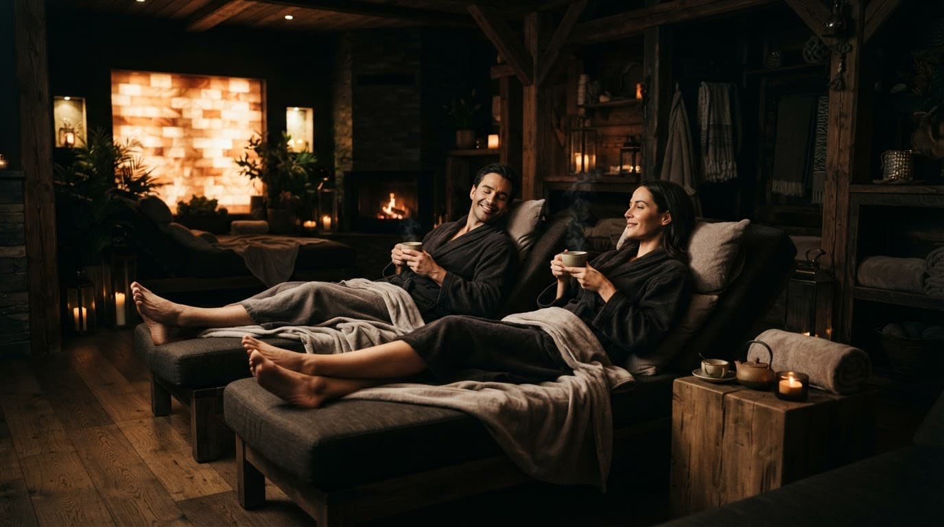 Two people relax in plush spa chairs with cups of herbal tea.