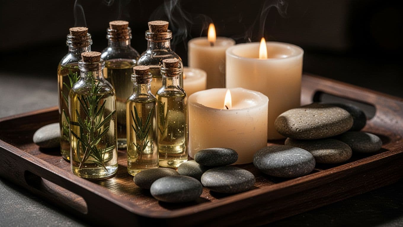 Massage oil bottles, candles, and smooth stones arranged on a dark wooden tray.