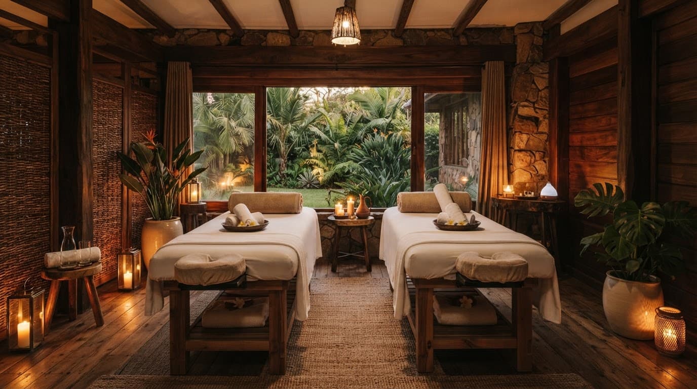 A warm spa room with two massage tables, white towels, wood decor, and tropical plants.