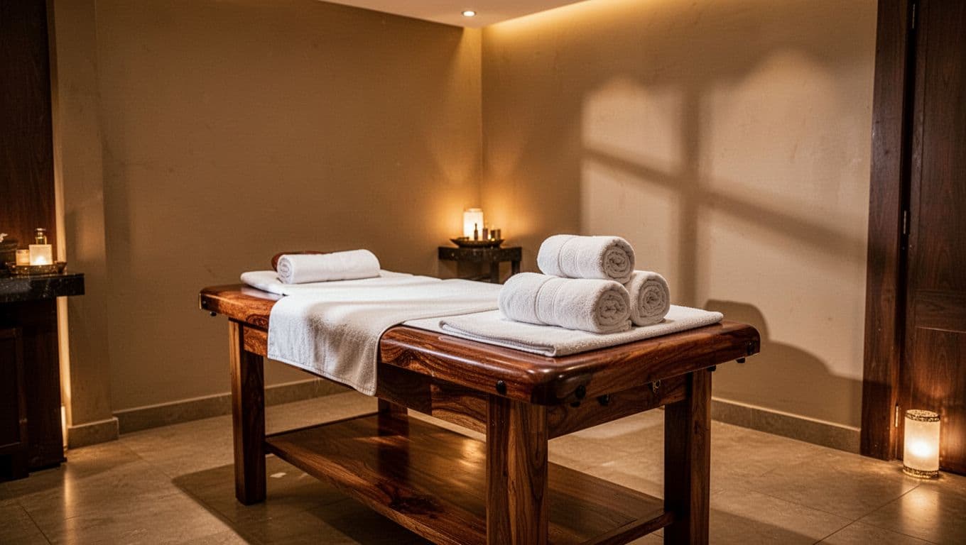 A warmly lit massage room with a wooden table and neatly rolled white towels.