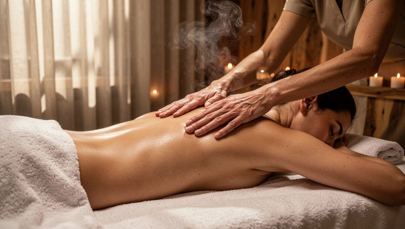 One person receives a back massage in a warmly lit spa.