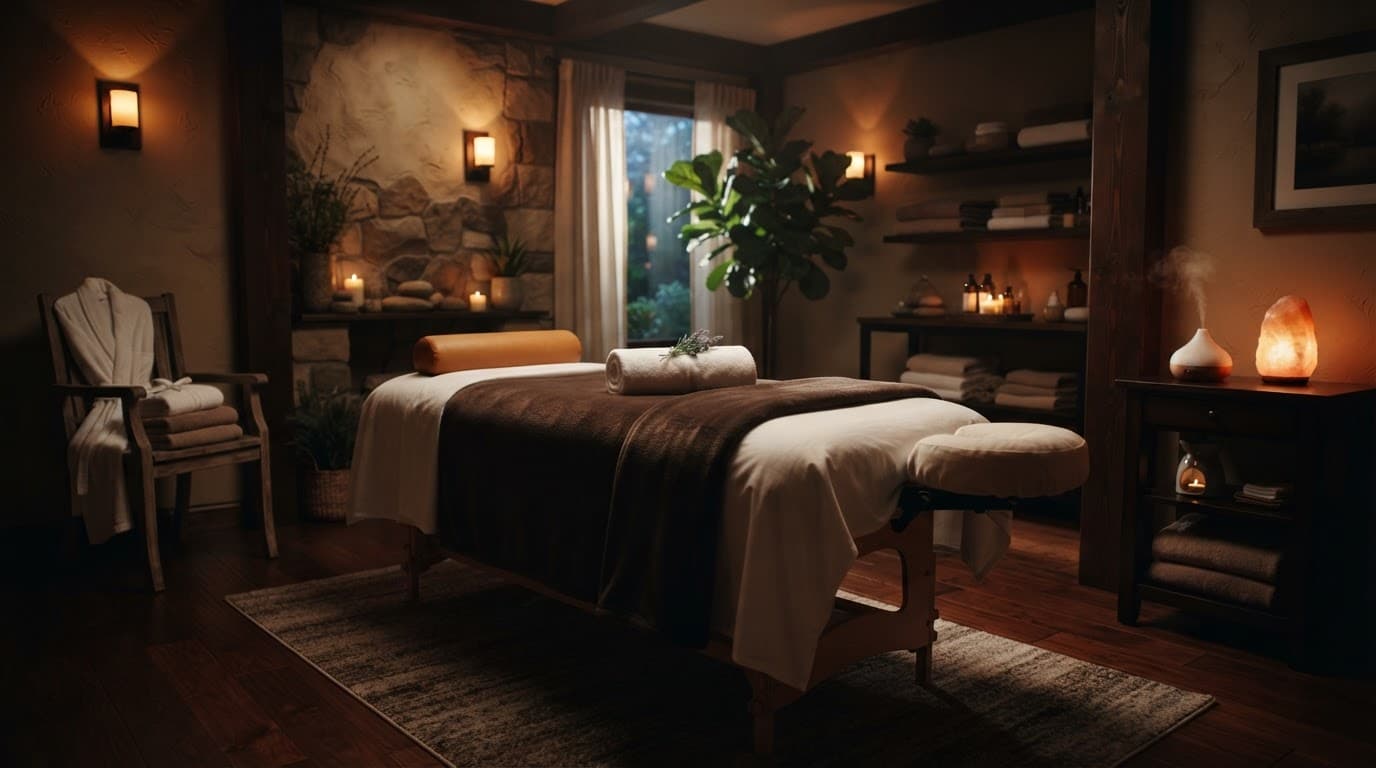 A massage table with fresh towels in a warmly lit therapy room.