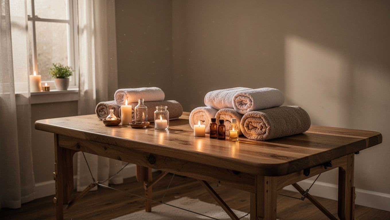 A wooden massage table with rolled towels and essential oils in warm light.