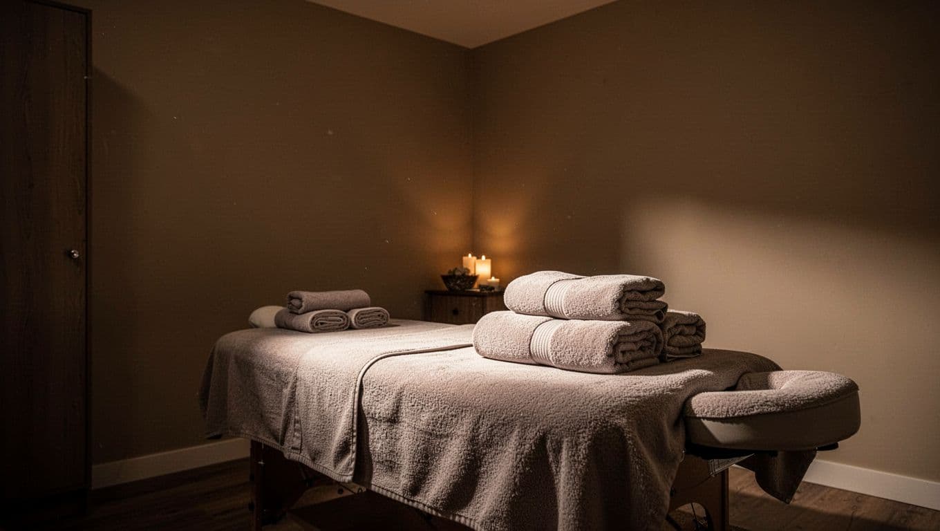 Empty massage room with folded towels and warm ambient lighting.