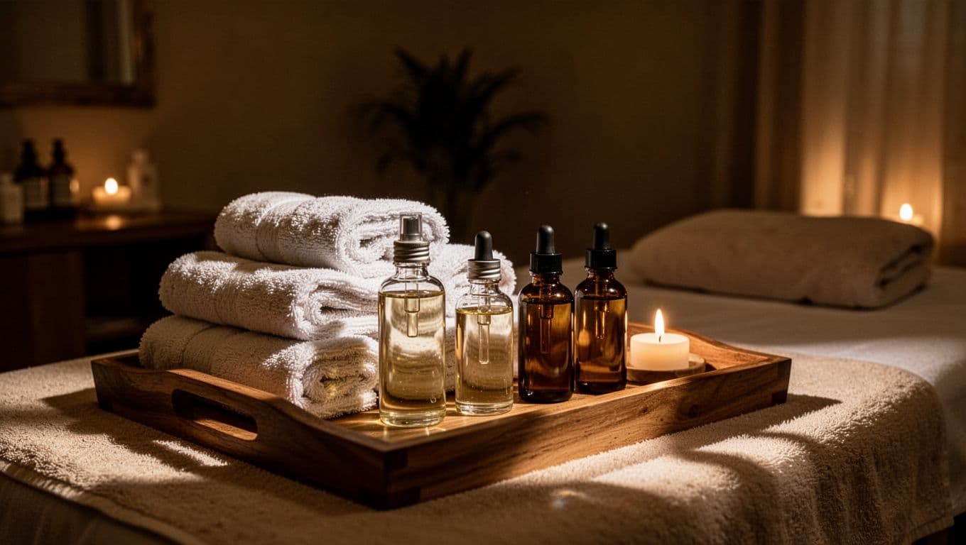 Essential oils and folded towels rest on a wooden tray in a peaceful spa room.