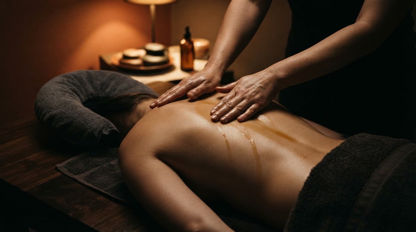 Warm massage oil on a wooden table during a therapy session.