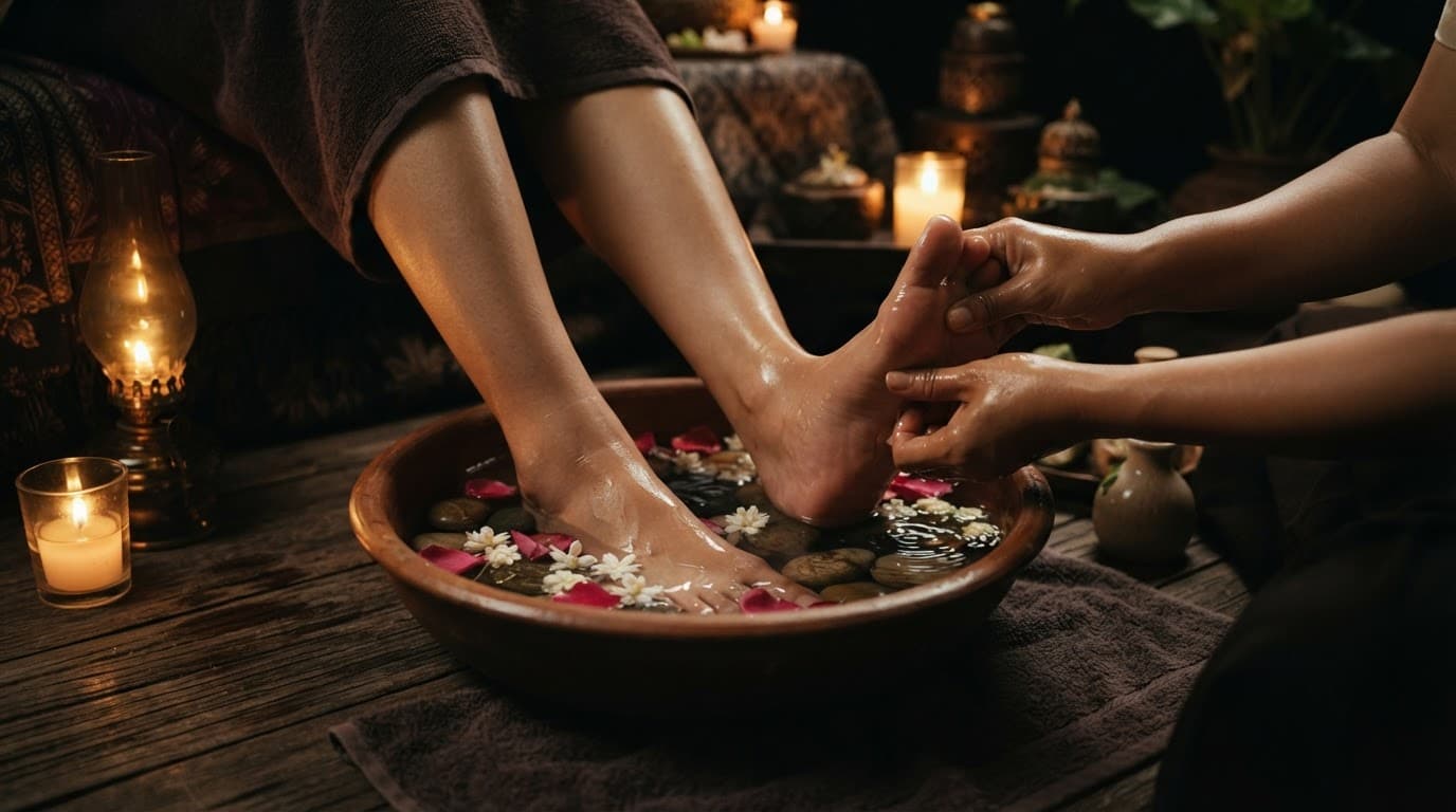 Natural stones and warm water arranged in a softly lit spa setting.