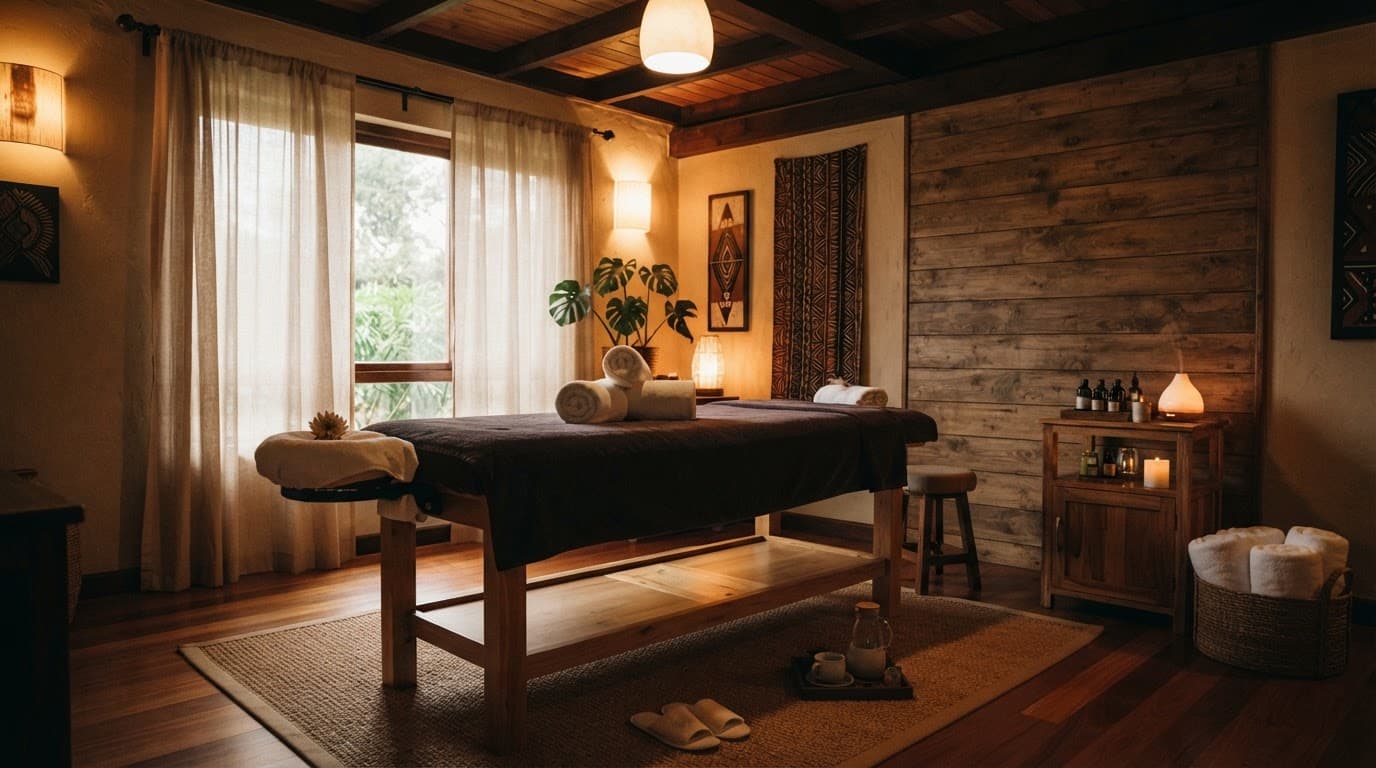 Serene massage room with rolled white towels, warm lighting, and wooden accents.
