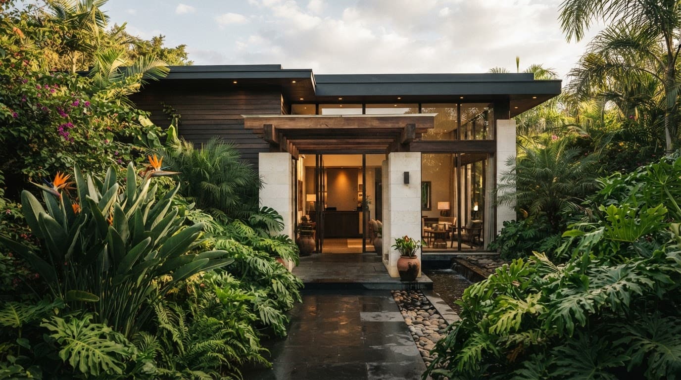Modern spa entrance framed by lush tropical plants and warm daylight.